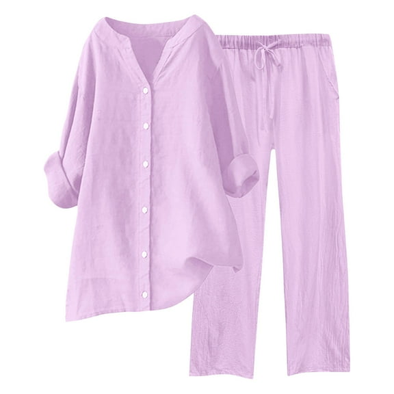HBFAGFB Pants Sets Women 2 Piece Outfits Wide Leg Pants Casual V Neck Button Down Shirt Pink Size M