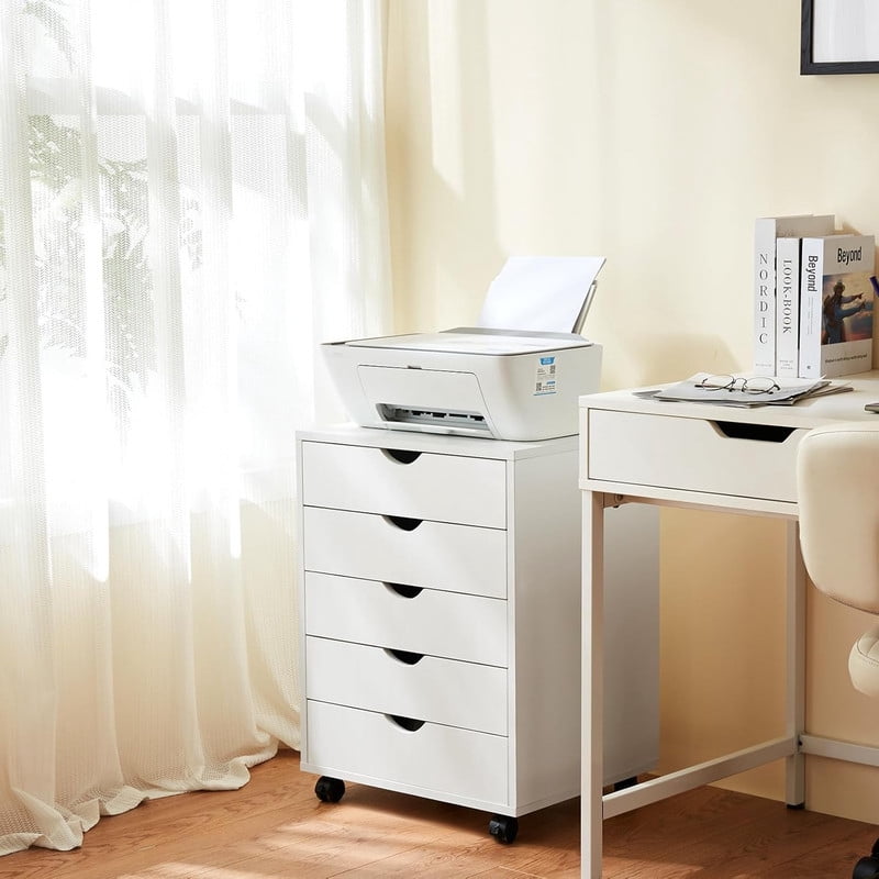 Simple Deluxe Adult 5-Drawer Chest with Wheels, Mobile Wood Storage Dresser for Office Bedroom Closet, White