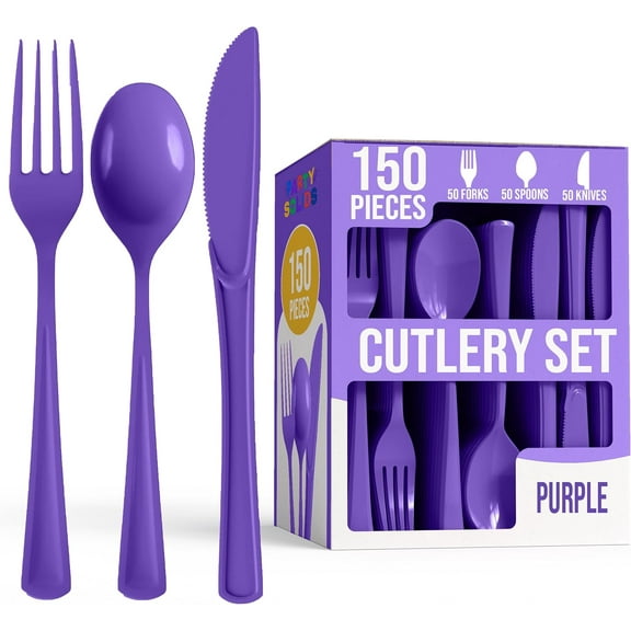Crown Display 150-Piece Purple Disposable Silverware - Plastic Cutlery Combo Set