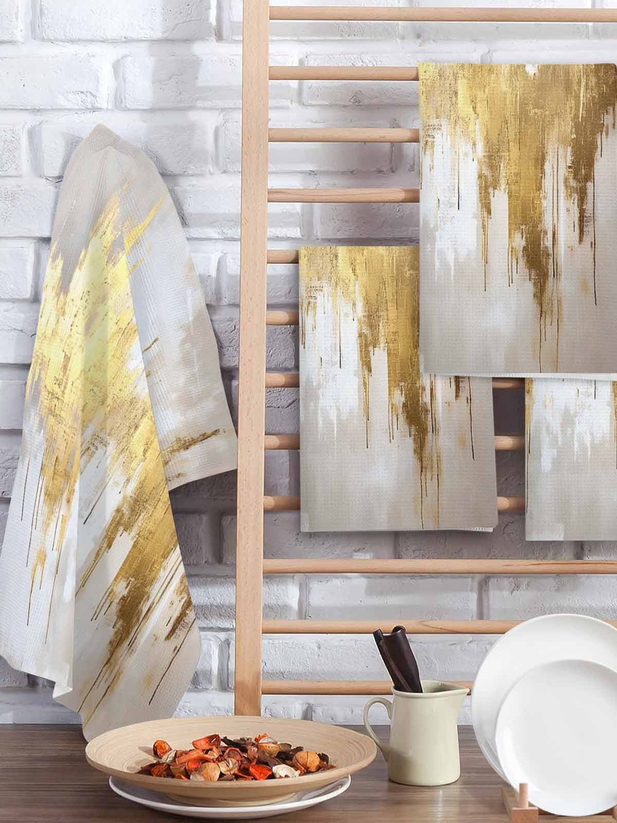 Gold Grey Hand Towels Set,Waffle Weave Kitchen Towels 3Pcs, Abstract Contemporary Square Graffiti Smear Art Microfiber Hair Face Bath Tea Towel Absorbent Quick Drying Cleaning Dish Cloths 15.7"x23.6"