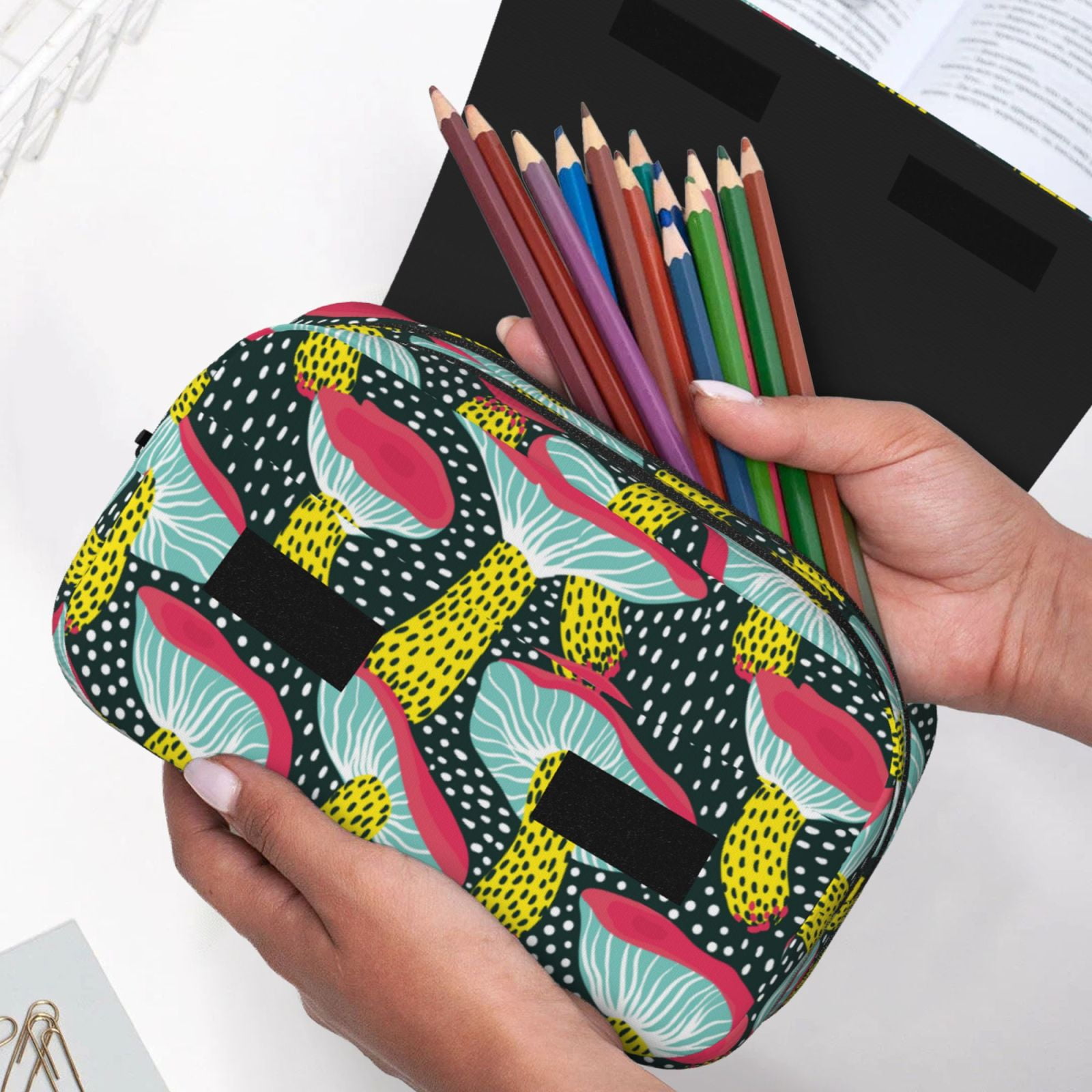Rateoe Green Mushroom Pattern Double Clamshell Pen Case, Storage Organizer with Two Zipper Compartments– Holds Up to 50 Pencils & Pens
