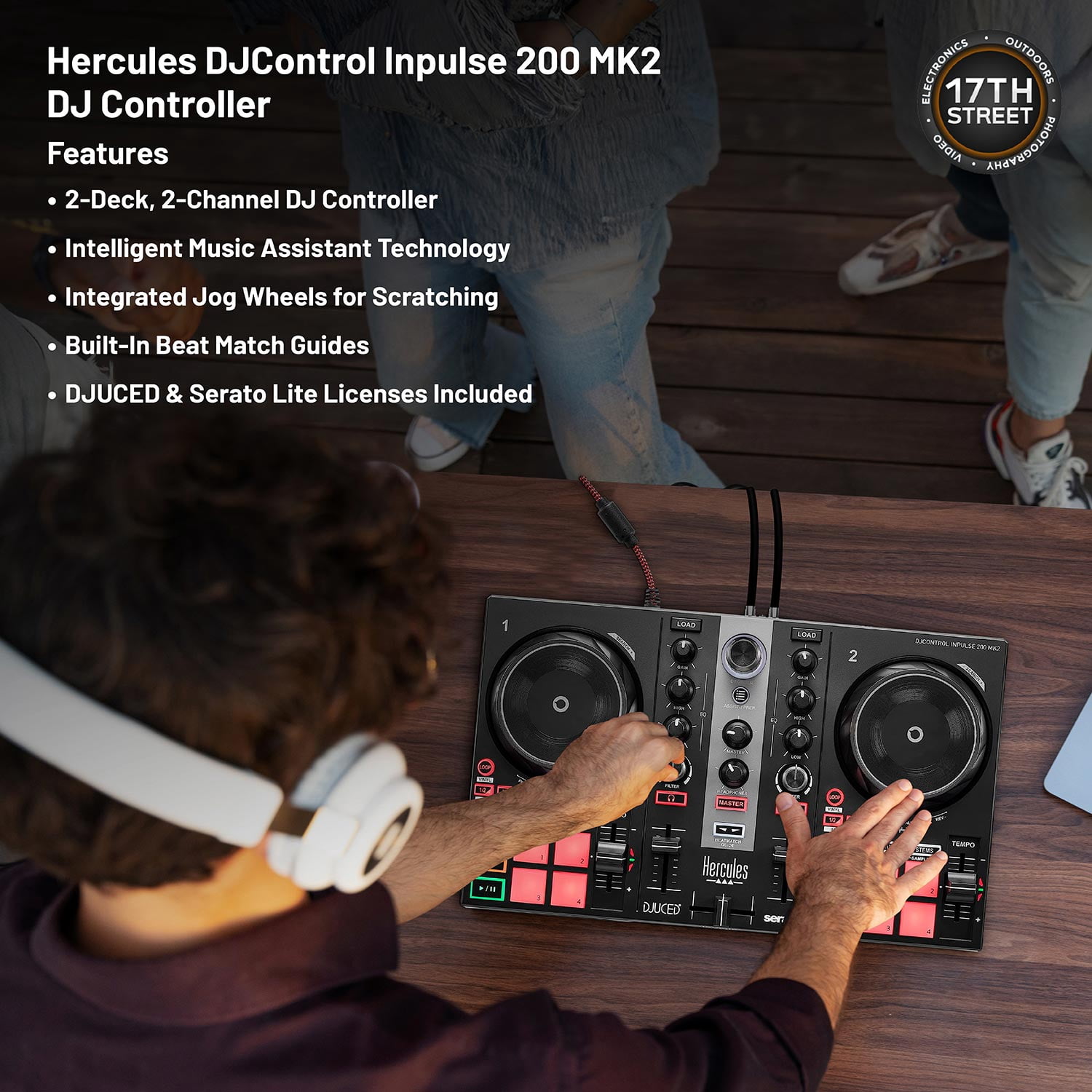 Hercules DJ Controller Inpulse 200 MK2 - 2 Deck USB DJ Controller with Over-Ear Headphones, On-Stage Laptop Stand, Waith DJ Controller Hard Carrying Case and Waith Cleaning Cloth (Bundle Set)