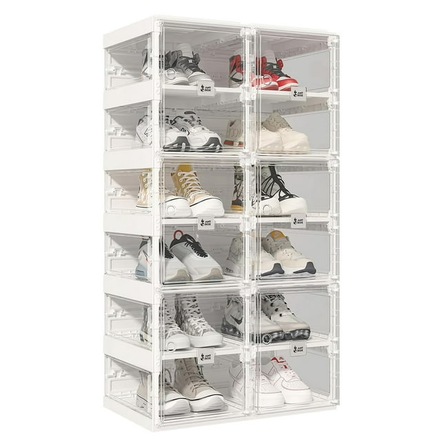 ANTBOX Clear 6-Tier Foldable Stackable Shoe Rack Organizer Cabinet for 12 Pairs, Magnetic Door, Durable Plastic Storage Box