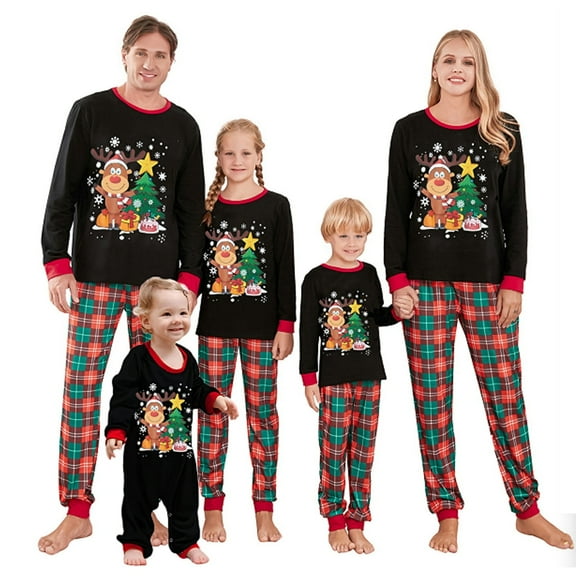 Onlypjs Family Matching Christmas Pajamas – Black Top with Reindeer & Christmas Tree Print, Red & Green Plaid Pants Holiday Sleepwear for Women, Men