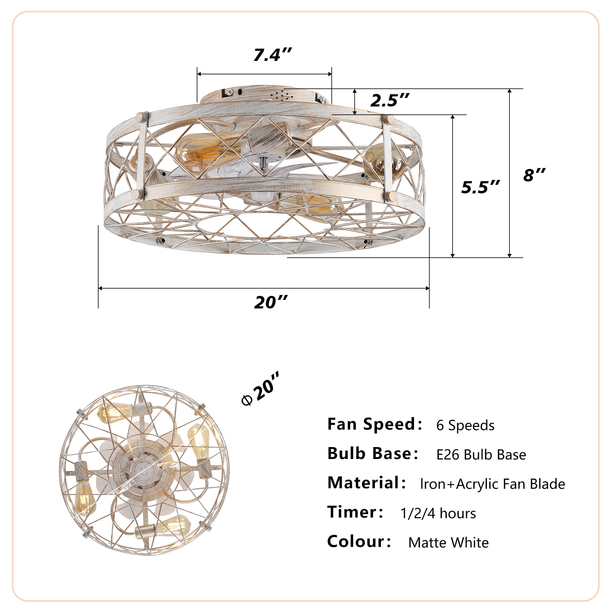 Leumius 20" White Caged Ceiling Fan with Lights and Remote Control ,Reversible Motor, DC Remote Control,6 Speed Ceiling Fan for Living Room Bedroom Dining Room (NOT Included Bulbs)