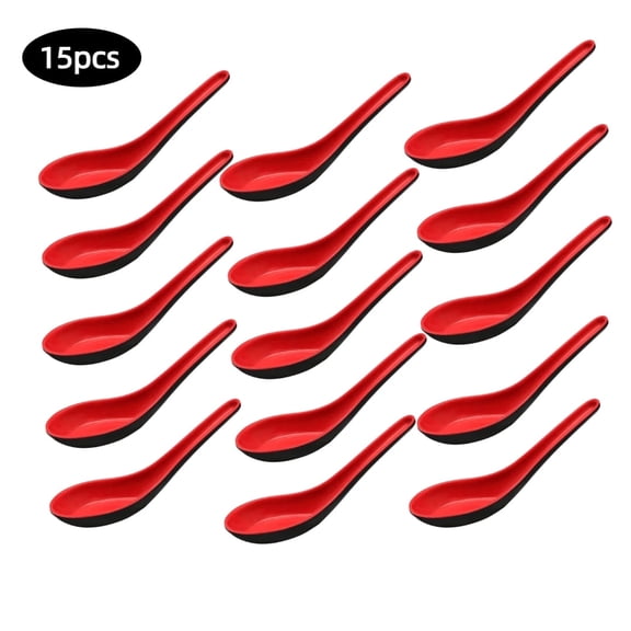 15PCS Asian Soup Spoons, Red and Black Melamine | Chinese Japanese Miso Ramen, Wonton Dumpling Pho, Rice Noodle Soba