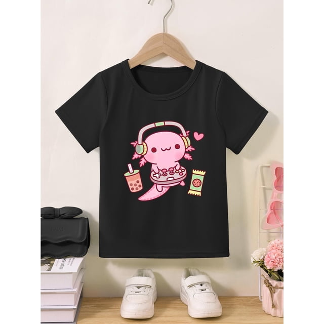 Light Blue Girls' Summer Fashion T-Shirt - Soft & Comfortable Knit Fabric with Cute Cartoon Axolotl Print, Short Sleeve Round Neck Tee for Casual Wear, Girls Tshirts