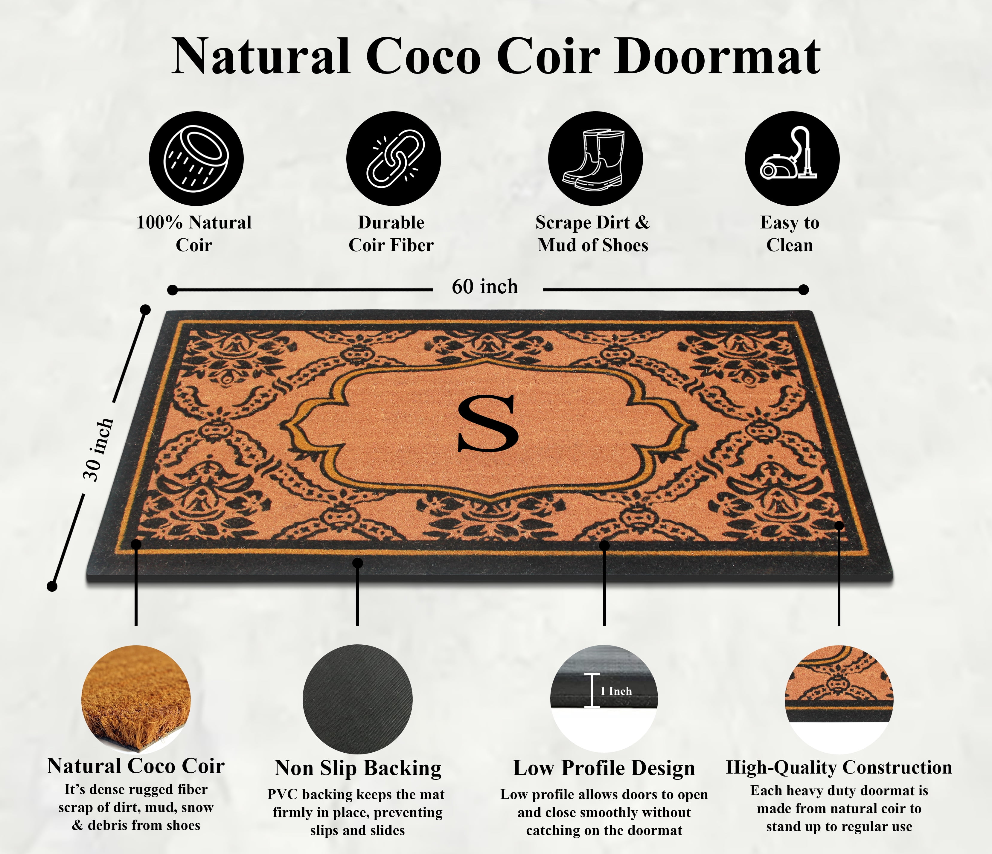 A1HC Natural Coir and PVC Monogrammed Floral Design Door Mat, 30" x 60", Anti-Shed Treated Durable Heavy Duty Front Door Mat for Outdoor Entrance