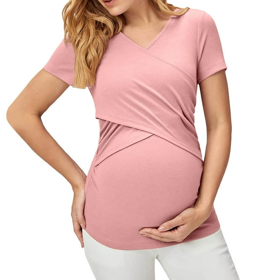 ZTTD Womens Maternity Ribbed Tee Shirt Casual Short Sleeve V Neck Basic Nursed T Shirt Top for Breastfeeding Blouse