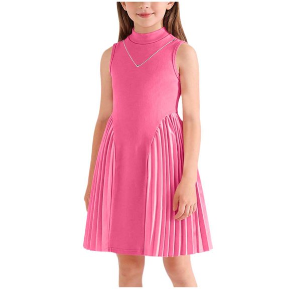 Avrntaa Toddler Girls Pleated Dress Sleeveless A-Line Cotton Dress Mock Neck Casual Dresses 2-8Y