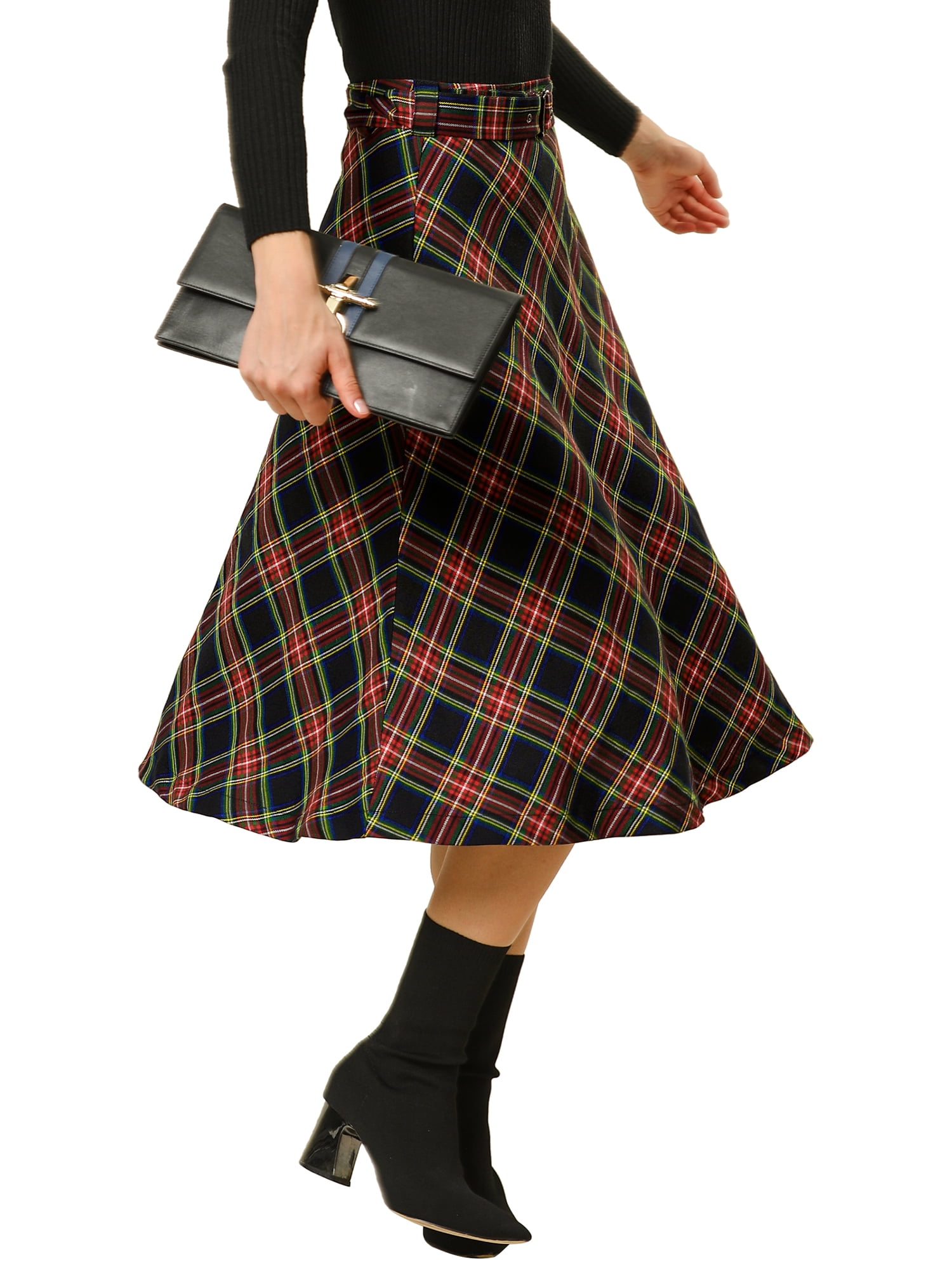 DARING DIVA Women's Plaid Belted Vintage A-Line Midi Skirt S Dark Blue