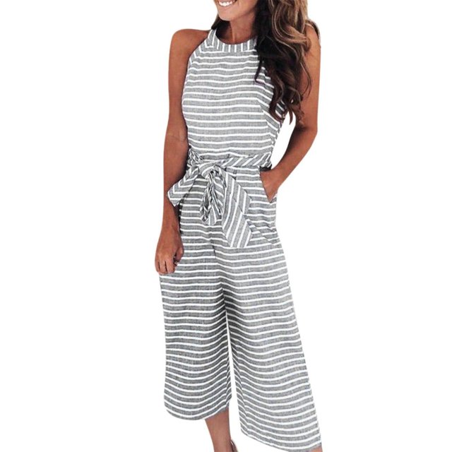CHOK Combinaisons pour Femmes Mode Été Décontracté Rayé Imprimé Sans Manches Col Rond Lacets Pantalon Droit Combinaison en Solde Pantalon Bleu L