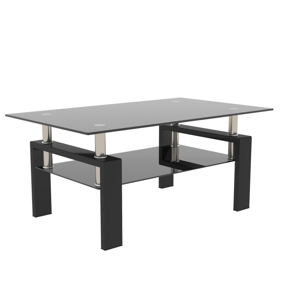 38.6" Rectangle Glass Coffee Table, Clear 2-Tier Center Table with Matt Black Iron Frame, Modern Side Table for Living Room, Office, Apartment, 220 lbs Capacity