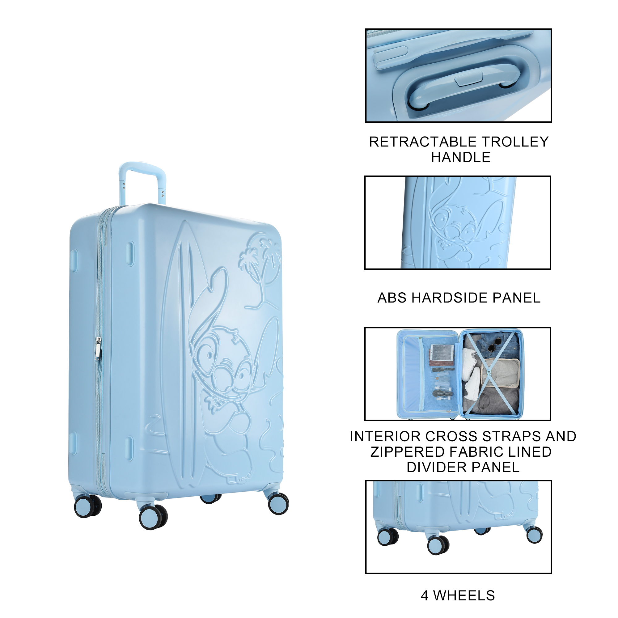 Disney Lilo & Stitch 3-Piece Hard Shell Luggage Set for Adults | 20" 24" 28" Rolling Suitcases with Spinner Wheels Telescopic Handle & Durable ABS Design Official Disney Travel Set from Bioworld