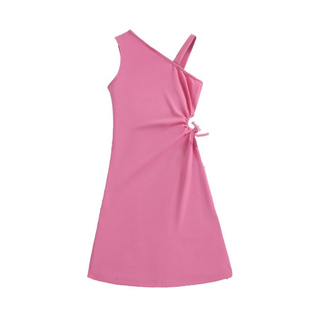 Qudderr Robe à une Épaule pour Filles Été Décontractée Sans Manches Robe Unie Taille 8-12T
