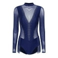 thumbnail image 2 of YONGHS Women Rhinestones Jazz Latin Dance Fringed Leotard Mesh Patchwork Long Sleeve Tassel Bodysuits Navy Blue XL, 2 of 7