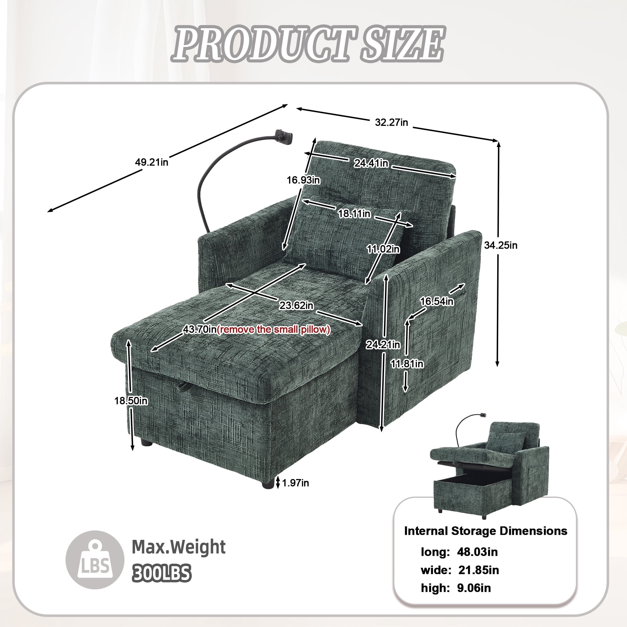 Aukfa Storage Chaise Lounge Single Sofa with Phone Holder and Pillow for Living Room Bedroom, Chenille, Emerald