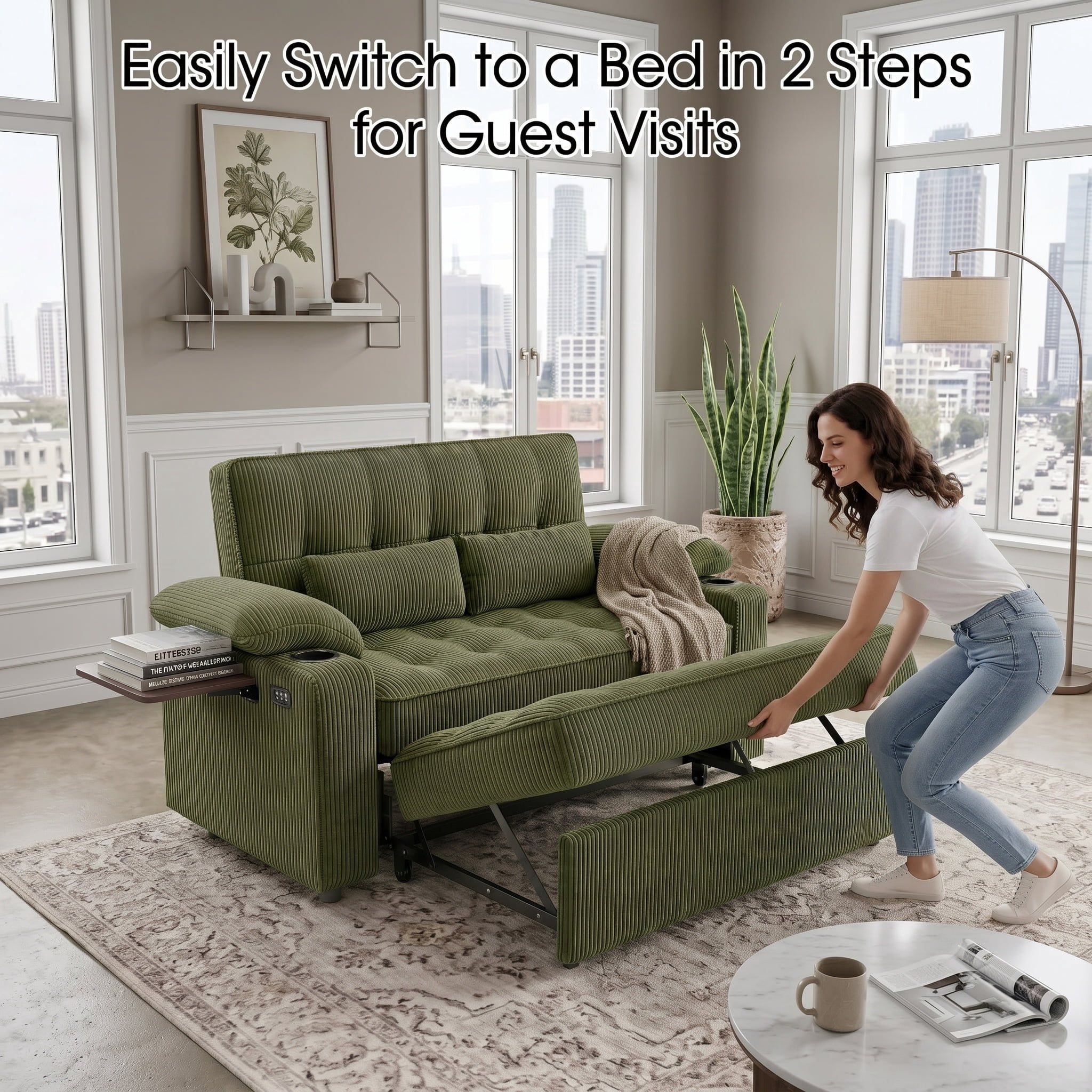 58" Sleeper Sofa Bed, Convertible Pull Out Couch Bed Corduroy Loveseat with Adjustable Backrest, USB Charging Ports, Cup Holders & Foldable Side Table for Living Room Apartment,Green