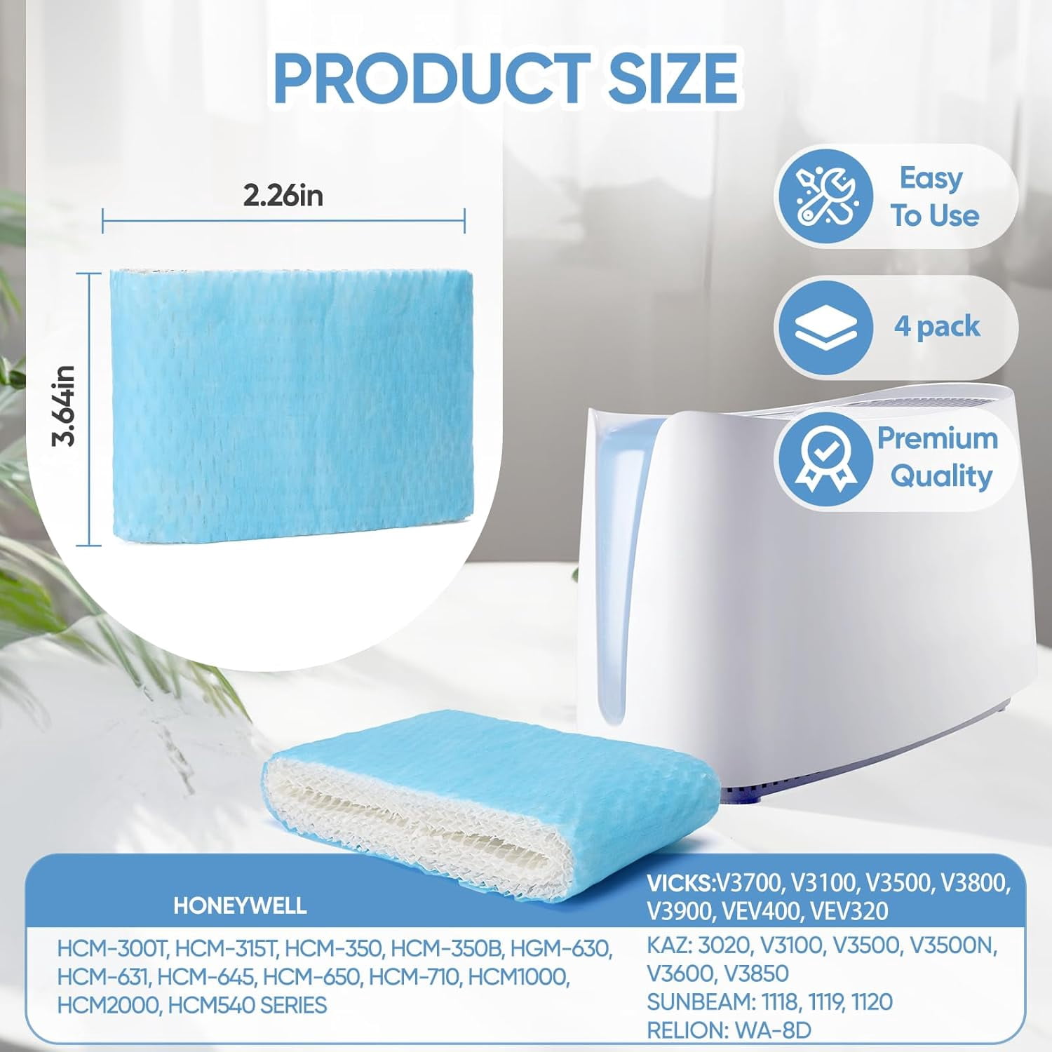 JJEAN-4 Pack HAC-504 Humidifier Wicking Filter Replacement Compatible with Honeywell HCM-350,HCM-300T, HCM-600, HCM-710, HCM-315T,HAC-504 and HAC-504AW Cool Mist Humidifiers Blue