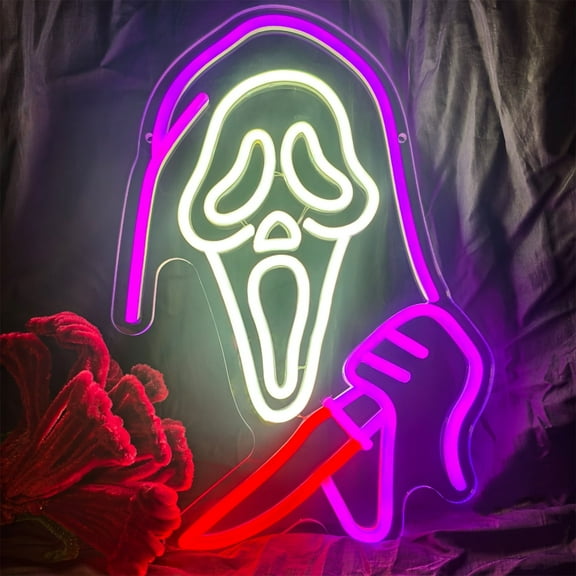 Ghost Face Neon Sign,Halloween Skull Neon Light for Bedroom,Game Room, Mancave, Bar Halloween Party Spooky Gothic Haunted Mansion Decor Gifts