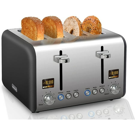 

4 slice bread maker stainless steel bread maker with color LCD display 7 bread shade settings 14 wide slot bread maker with bagel/defrost/reheat function removable crumb tray 1800W dark chocolate