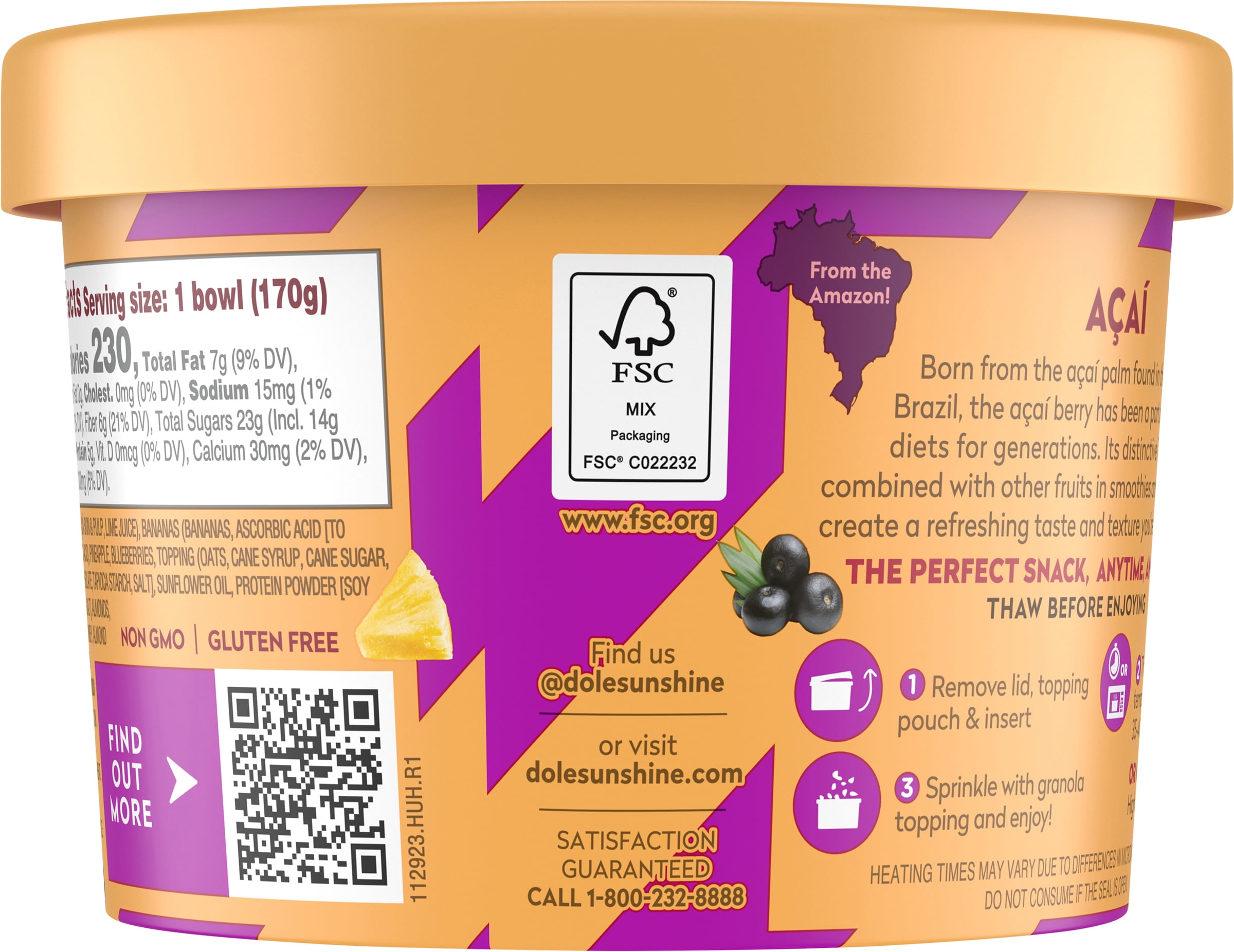Dole Acai Protein Frozen Smoothie Bowl, 6 oz