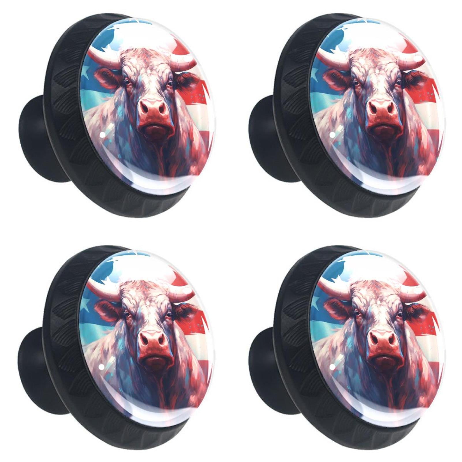 4 Pcs Cow American Flag Knobs for Kitchen Cabinet Cupboard Dresser Bookcase Drawer Pulls Handles Round Home Decor