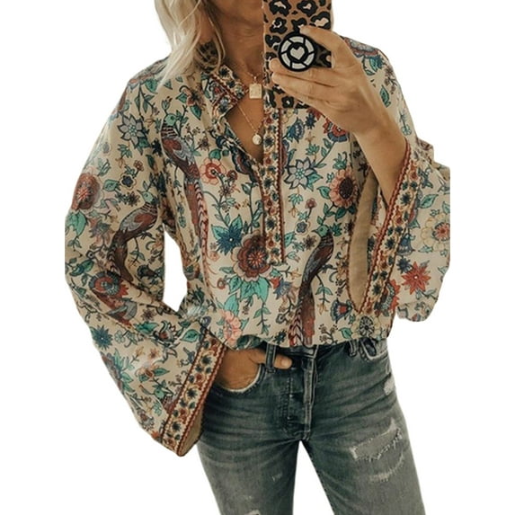 Gvmfive Women Long Sleeve Fashion Printed V Neck Buttons Blouse Top