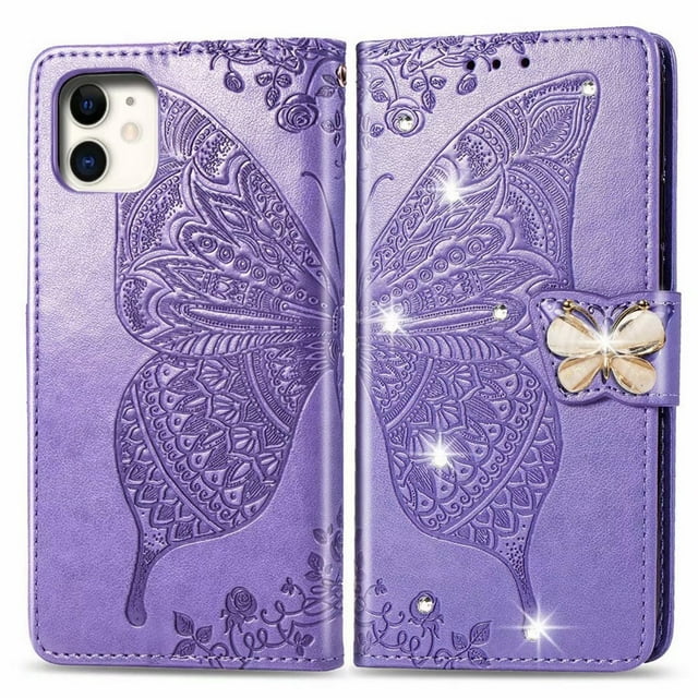 Wallet Case for iPhone 6 plus/ 6S Plus, PU Leather Flip Protective Phone Case Wrist Strap Card Slots Holder Pocket Emboss Butterfly Flower Stand Case for iPhone Light Purple