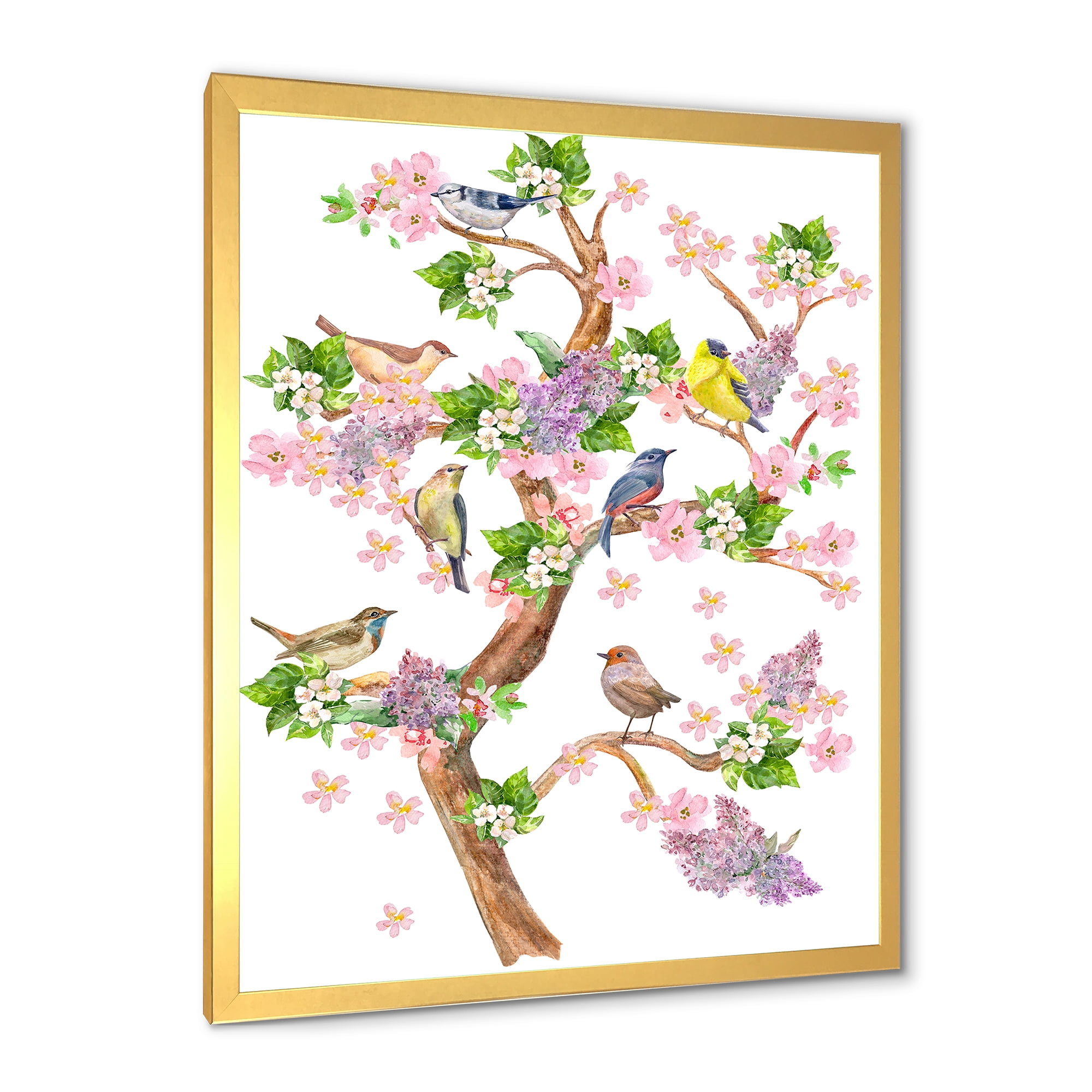 Tree With Colorful Birds Sitting On Flowering Branches 12 in x 20 in Framed Painting Canvas Art Print, by Designart