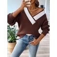 thumbnail image 3 of Womens Sweaters Long Sleeve - Knit Pullover Tops Contrast Color Stitching V-Neck Pullover Sweater Coffee L, 3 of 7