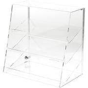 Plymor Clear Acrylic Locking Display Case with Slanted Front and Sliding Back, 3 Angled Shelves, 16" H x 16" W x 10" D