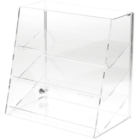 Plymor Clear Acrylic Locking Display Case with Slanted Front and Sliding Back, 3 Angled Shelves, 16" H x 16" W x 10" D