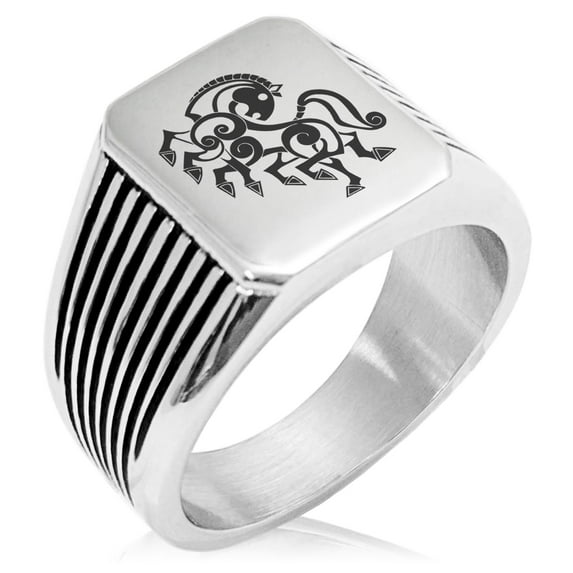 Stainless Steel Odin's Sleipnir Horse Viking Norse Needle Stripe Pattern Biker Style Polished Ring
