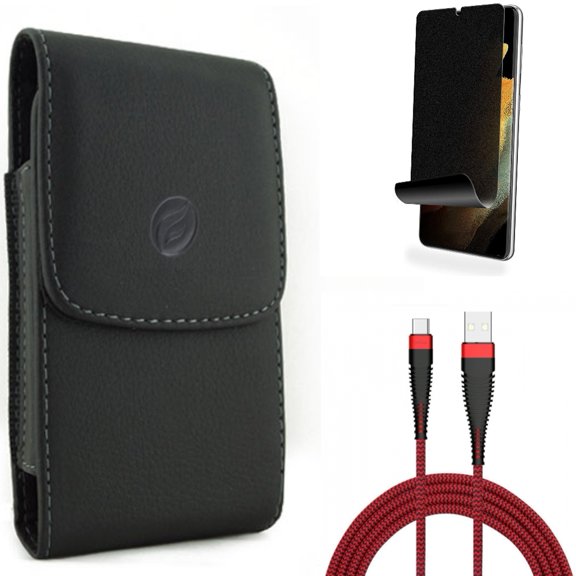 Privacy Screen Protector & 10ft USB Cable & Case Belt Clip for Samsung Galaxy S22 Plus (S22 ) - Combo TPU Film (Fingerprint Works) Anti-Peep & Type-C Charger Cord Power & Leather Holster Cover