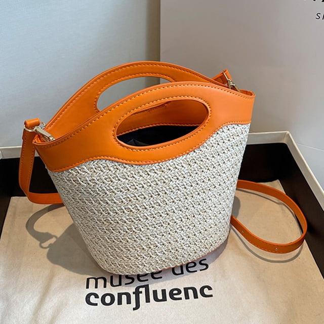 Bolsa tejido de hierba de playa, Bolsa de empalme de PU tejido a mano a la moda, regalos perfectos para festivales Tmvgtek Para Estrenar