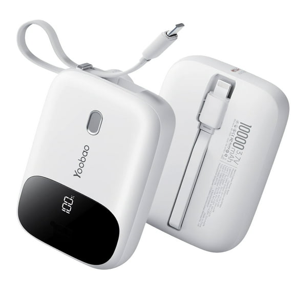 Yoobao Mini Power Bank 22.5W Fast Charging with LED Display, 10000mAh Portable Charger with Built-in Cables, 3 Outputs 1 Input Battery Pack Compatible with iPhone 16 15 iPad Samsung, White