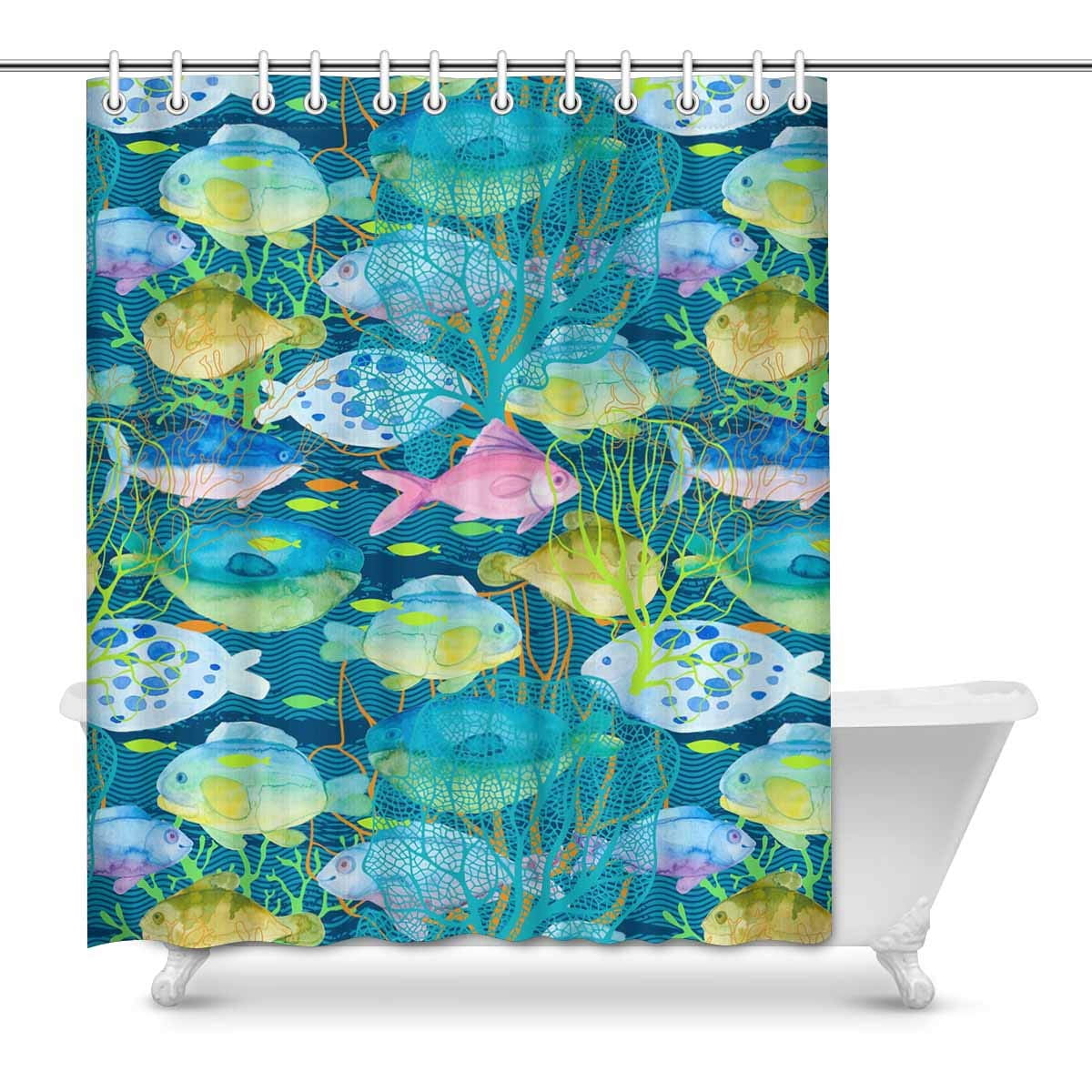MKHERT Watercolor Fish Underwater Plants Sea Life Waterproof Shower