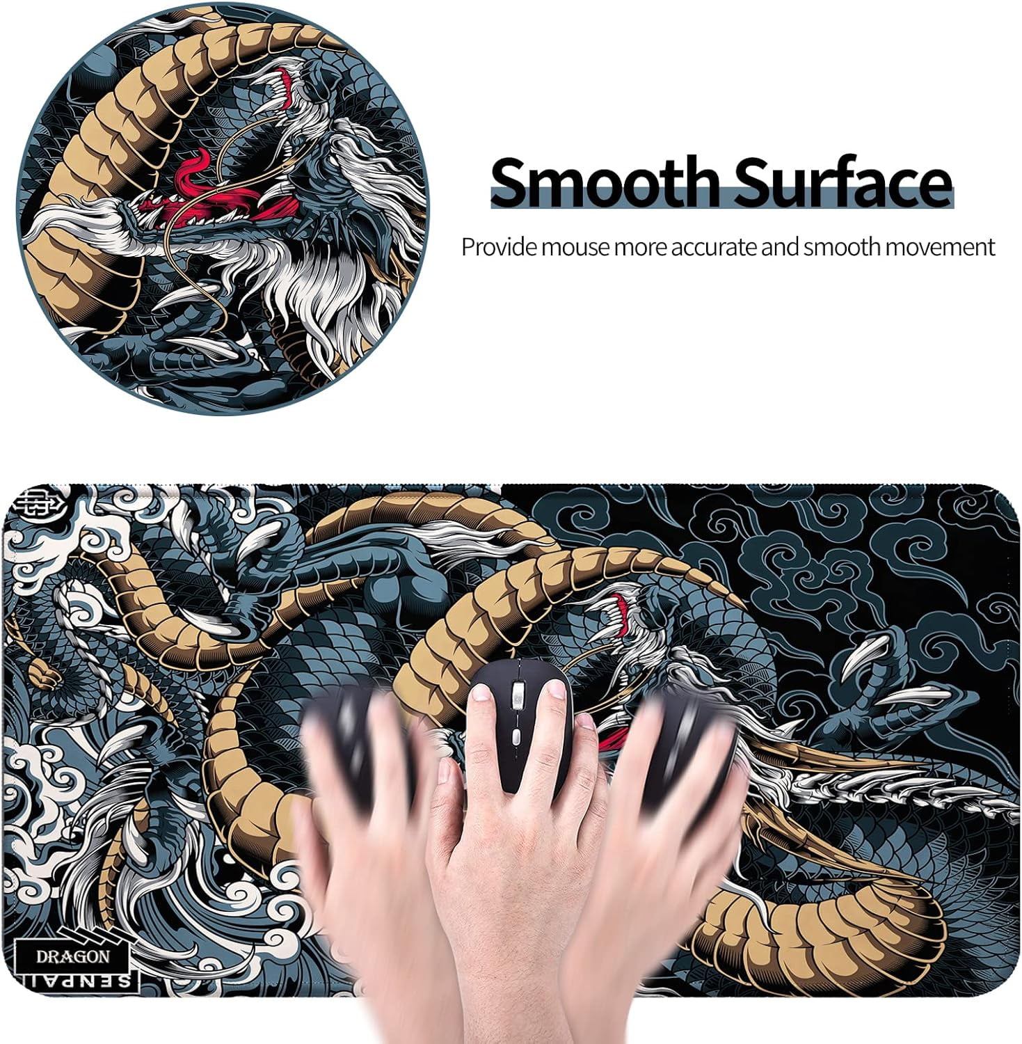 Dragon Mouse Pad, Gaming Office Home Mousepad, Computer Keyboard Laptop Desk Mat for Man, Large Extended Non-Slip Rubber Base, with Stitched Edges, 31.5x15.7x0.12 in, Dark Blue