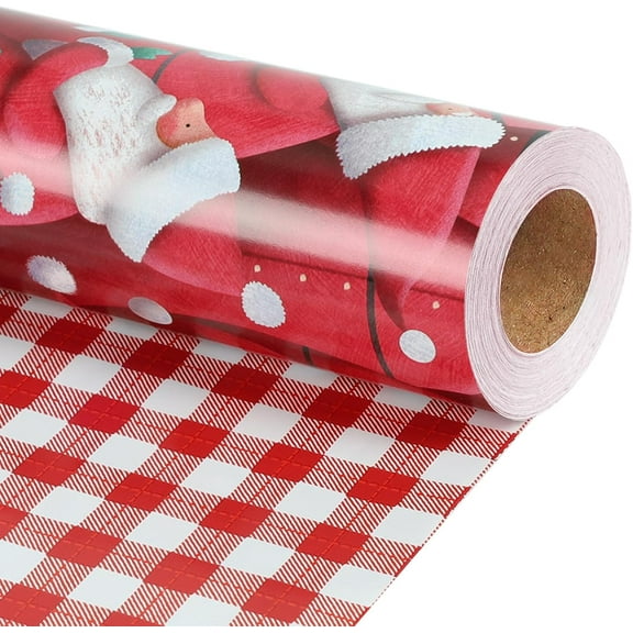 BIOBROWN Reversible Christmas Wrapping Paper - 17 Inch X 33 Feet (46.7 sq. ft. ttl.) - Joyful Santa Claus & Plaid Design Perfect for Xmas, Party, Holiday Gift Wrap