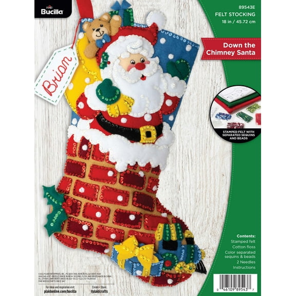 Bucilla Felt Applique 18" Christmas Stocking Kit, Jolly Chimney Santa