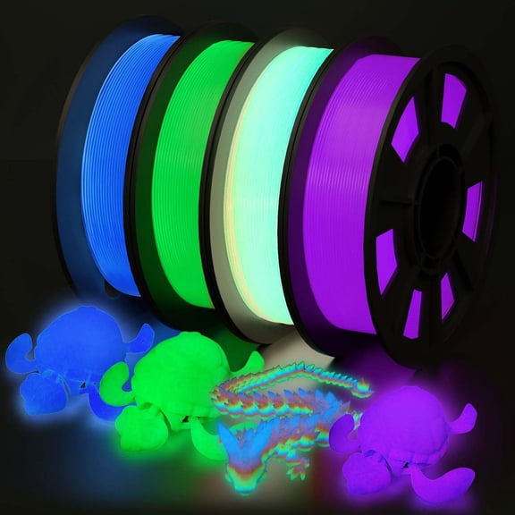 Glow in The Dark PLA 3D Printer Filament Bundle 1.75mm Green Blue Purple Rainbow 4 Pack 3D Printing Filament Dimensional Accuracy +/- 0.03mm for Most FDM 3D Printers