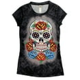thumbnail image 2 of Womens Junior Day Of The Dead Sugar Skull Rose Floral T-Shirt Acid Wash Tee, 2 of 2