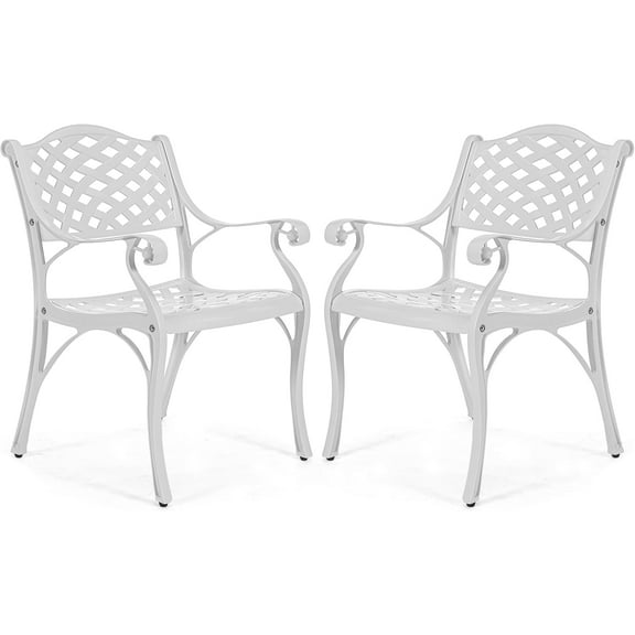 VIVIJASON 2-Piece Patio Cast Aluminum Dining Chairs, All Weather Outdoor Bistro Dining Chair Set for Balcony, Lawn, Garden, Backyard, Lattice Design White