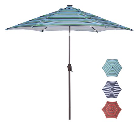 Outdoor Patio 8.7-Feet Market Table Umbrella with Push Button Tilt and Crank  Blue Stripes With 24 LED Lights[Umbrella Base is not Included]