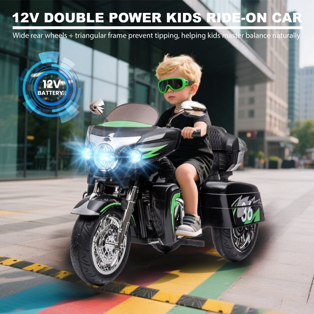 DNWRZCJXY 12V Kids Electric Motorcycle for Ages 3-8 | ASTM/CPC Certified 3-Wheel Ride-On Toy with 1-Hour Battery & Bluetooth|Max 100lbs|Black