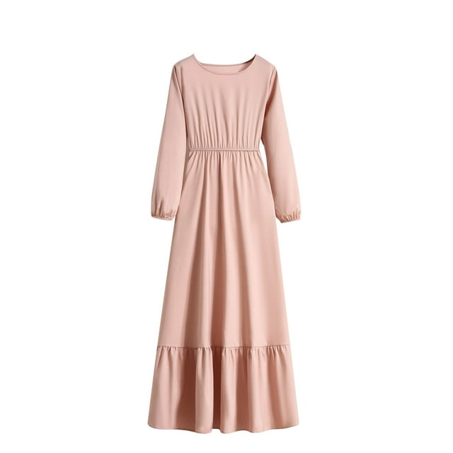 QIPOPIQ Femmes 2024 Robe Midi à Manches Longues, Col Ras du Cou, Taille Empire, à Volants, Smockée, Liquidation