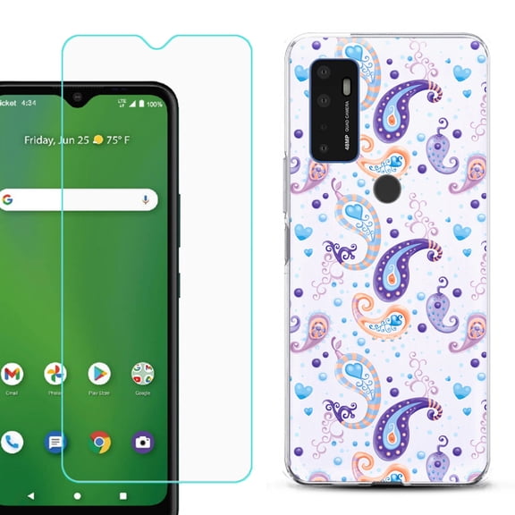 Shockproof Bumper Phone Case for AT&T Radiant Max 5G / Fusion 5G, with Tempered Glass Screen Protector, by OneToughShield ® - Paisley Purple