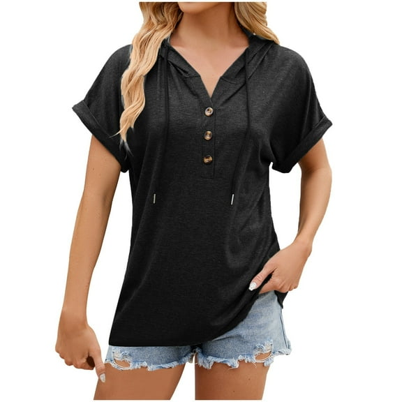 MIXUE Womens Summer Tops Solid Color Hooded Button Short Sleeve Loose Casual Shirts For Women T-shirts Streetwear,Black,M