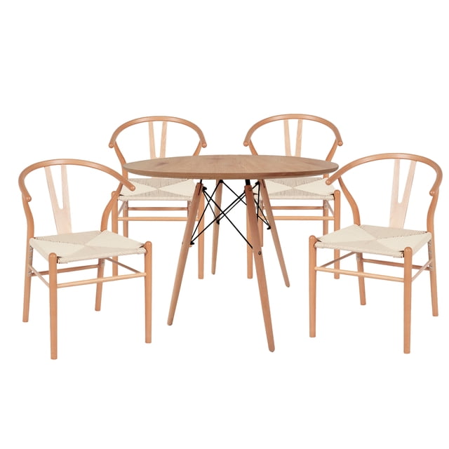 Ilios Innova | Comedor Redondo de MDF y Madera de Haya para 4 Personas con Sillas de Asiento Tejido, Estructura de Acero Reforzada, Diseño Nórdico Minimalista para Cocina o Comedor